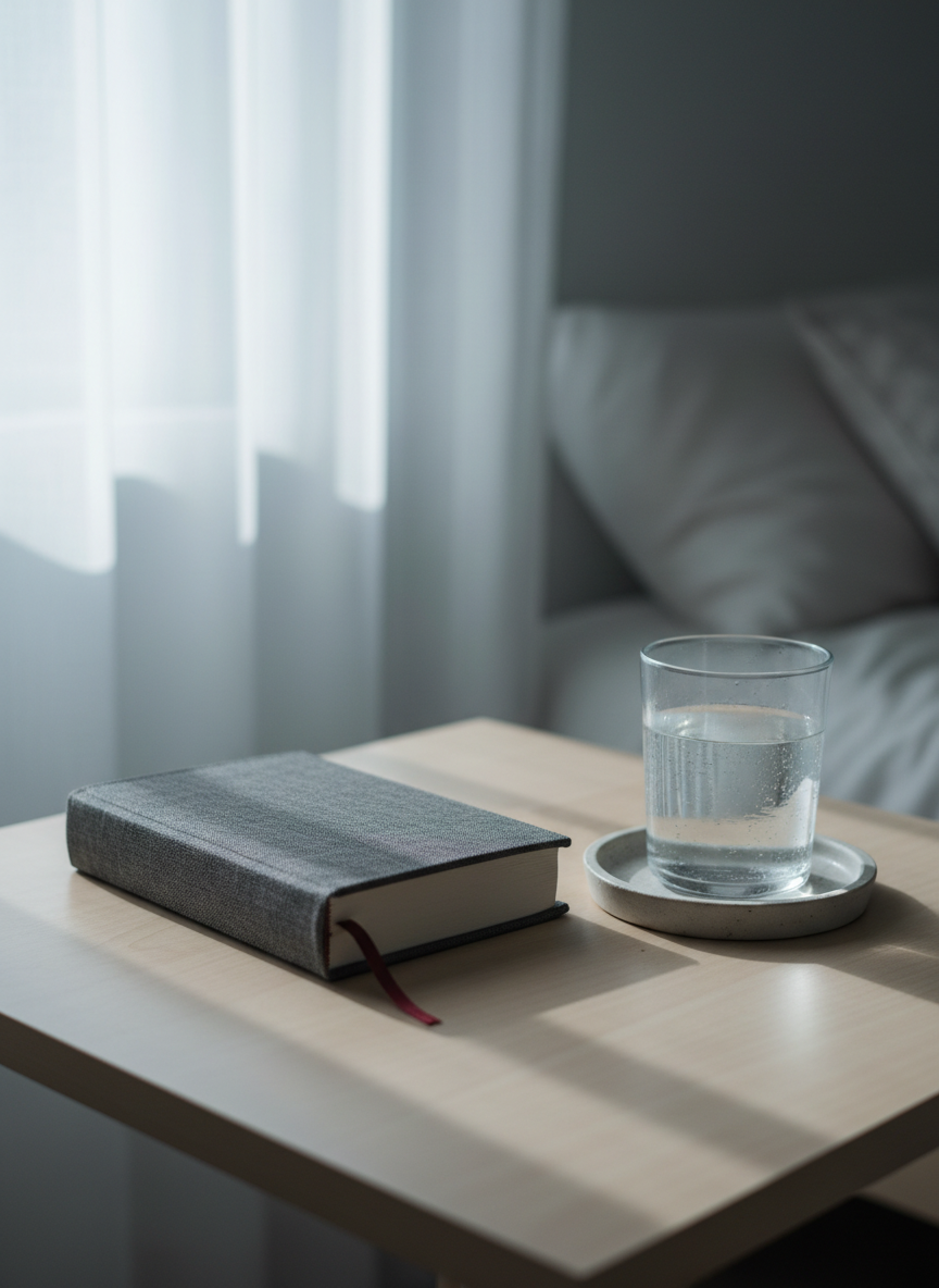 A small, heavy-looking linen journal with a charcoal-gray cover lies slightly open on a simple wooden bedside table, a thin ribbon bookmark peeking out between soft, cream-colored pages. Next to it, a cool glass of water with faint condensation rests on a plain ceramic coaster. Diffused early-morning light seeps through sheer curtains, casting gentle, elongated shadows and a silvery tone across the scene. The background is softly out of focus, hinting at neatly folded blankets on a bed. Photographic realism, shot at eye level with a shallow depth of field, creating a quiet, contemplative mood that feels like a pause between difficult moments.
