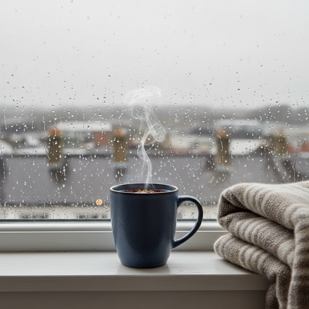 A deep, slate-blue ceramic mug filled with herbal tea sits on the wide sill of a rain-speckled window, a single thin curl of steam rising into the cool air. Outside, blurred city rooftops and a soft, overcast sky create a muted backdrop behind beads of water clinging to the glass. The interior is calm and uncluttered, with a folded wool blanket in muted taupe resting nearby. Soft natural light filtered through clouds gives the scene a gentle, silvery illumination, enhancing textures on the mug and fabric. Photographic realism, framed using the rule of thirds with a shallow depth of field, conveying a sophisticated, introspective atmosphere on a heavy day.